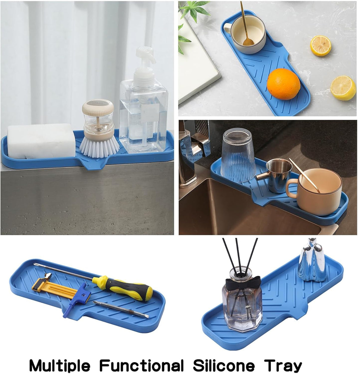 Silicone Bathroom Soap Dishes with Drain Spout-Bathroom and Kitchen Sink Organizer,Sponge Holder,Dish Soap Tray,Perfect for Dispenser,Scrubber,Bottle,Cup on Sink or Counter-Lichen Blue 12"×4"