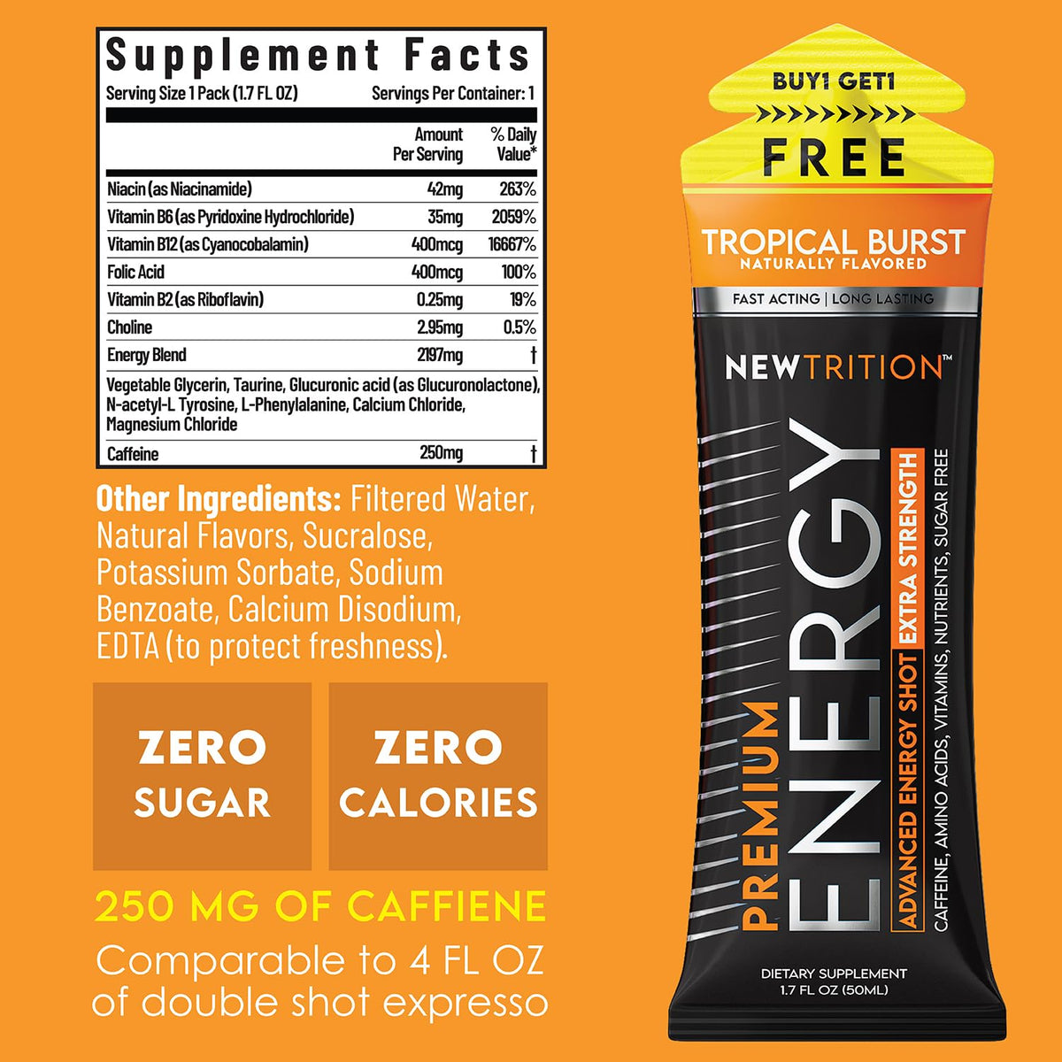 NewTrition® Extra Strength Energy Shots, 250mg Caffeine Energy Shots with Vitamin B & Amino Acids, Sugar-Free Vitamin Energy Shot, 1.7 fl oz (Pack of 12, Tropical Burst)