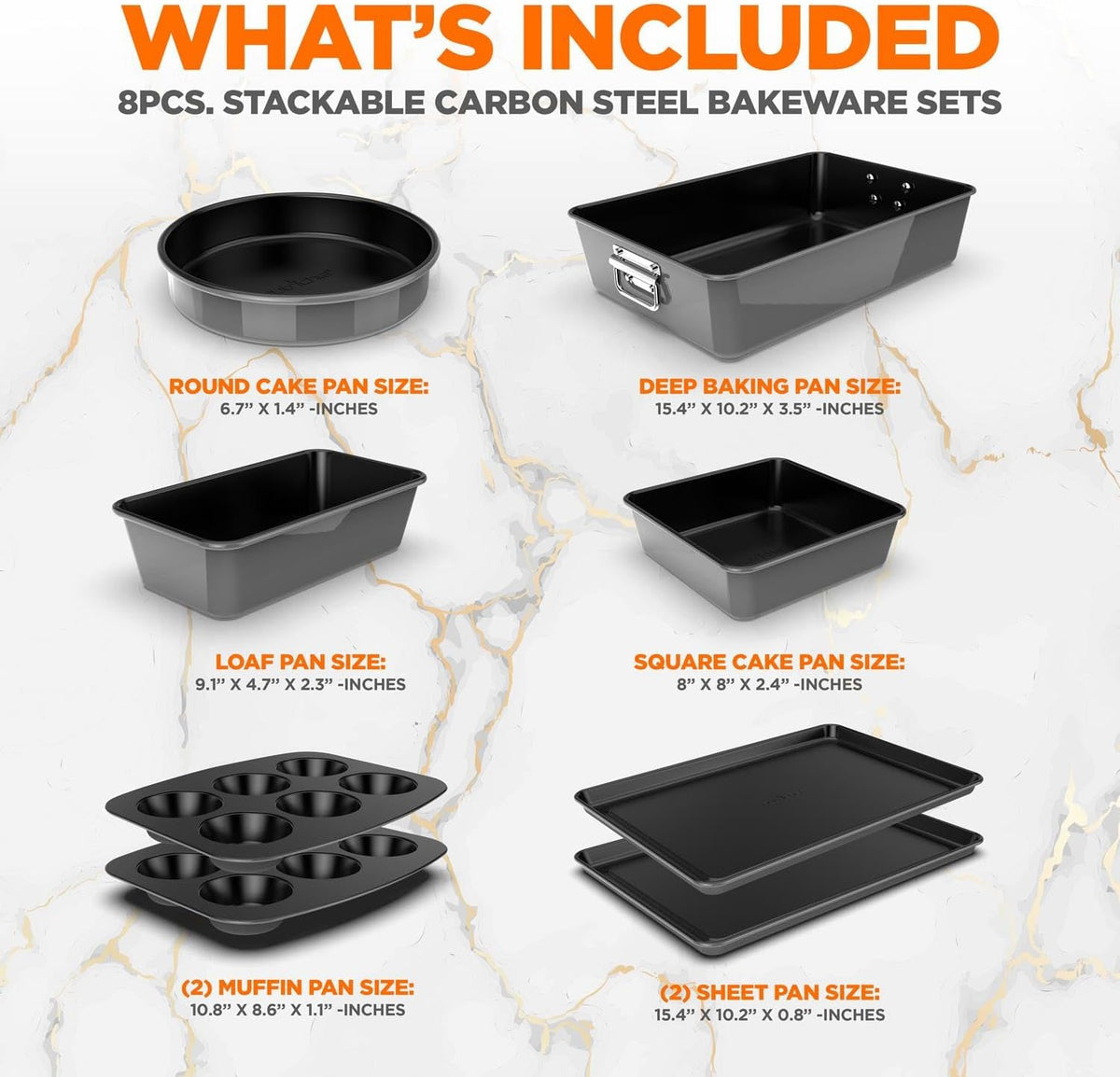 NutriChef 8-Piece Nonstick Stackable Bakeware Set - PFOA, PFOS, PTFE Free Baking Tray Set w/Non-Stick Coating, 450°F Oven Safe, Round Cake, Loaf, Muffin, Wide/Square Pans, Cookie Sheet (Gray)