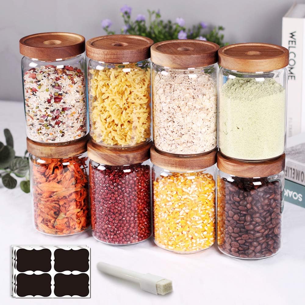 SAIOOL Stackable Kitchen Canisters Set of 8,High Borosilicate Glass Cylinder Airtight Food Storage, sort out the tea, flour, candies, grain easily and clearly