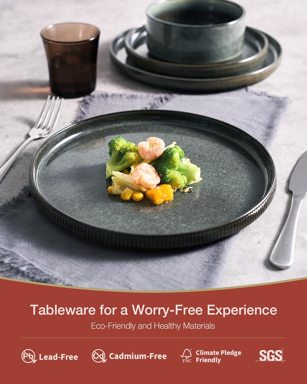 Famiware Star Dinnerware Set, Plates and Bowls Sets for 8 (24pcs), Ribbed Stoneware Dishes - Chip & Scratch Resistant, Microwave & Dishwasher Safe, Deep Forest