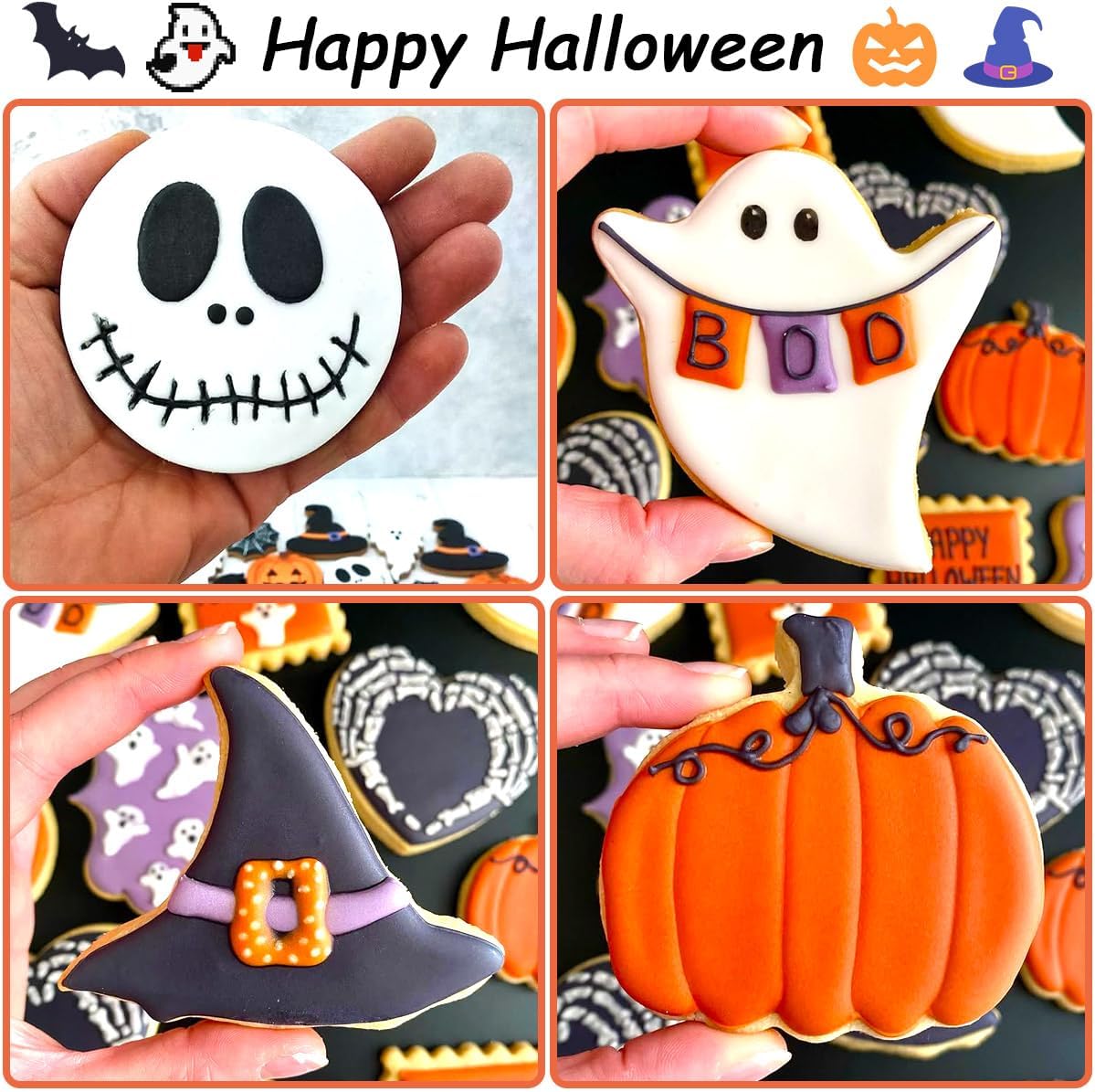 Halloween Cookie Cutters Large 7Pcs, Bat Pumpkin Magic Hat Cat Cookie Cutter, Sturdy Easy to Clean & Demold Pancake Dough Molds for Halloween Baking