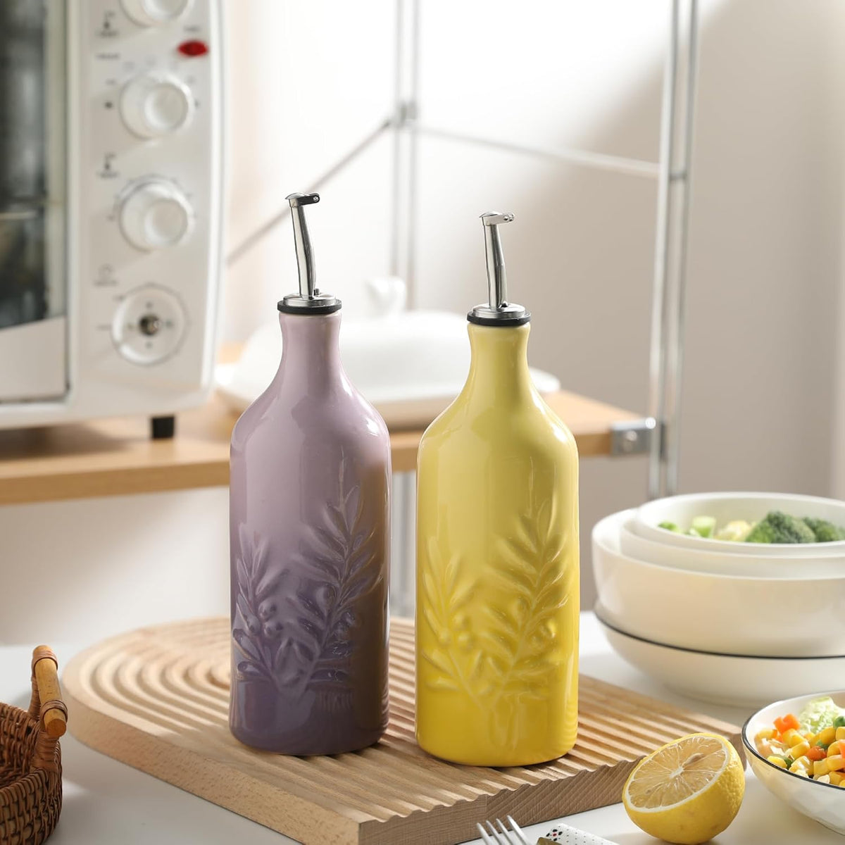 Sweejar Ceramic Olive Oil Dispenser Bottle, 20 Oz Relief Opaque Oil Cruet Protects To Reduce Oxidation, Suitable for Storage Soy Sauce, Coffee Syrup, Liquids, Set of 1 (Gradient Purple)