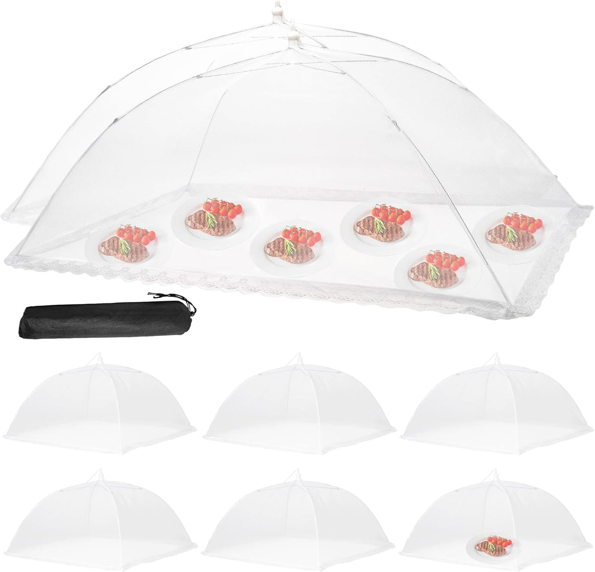 Food Cover Food Tent Set, 2 Extra Large 40"X24" and 6 Standard 17"X17" Mesh Food Covers for Outside, 8 Pack Collapsible, Reusable Pop-Up Umbrella Food Nets for Picnics, Outdoor Camping, Parties, BBQ