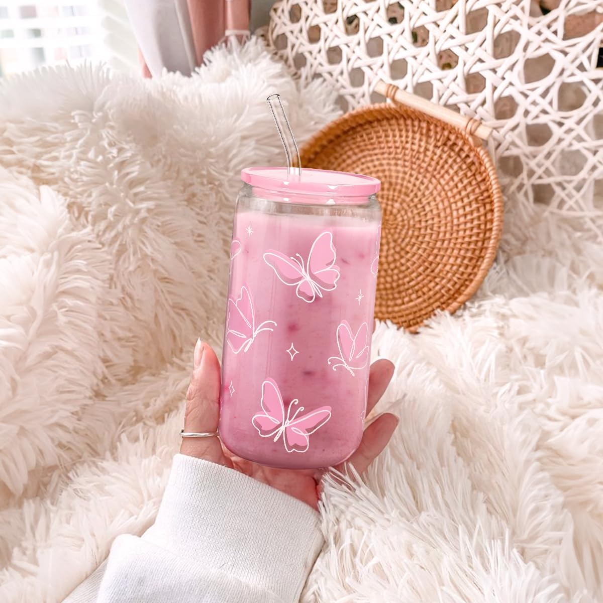 Butterfly 16 Oz Can Glass Tumbler with Acrylic Lid and Straw - Iced Coffee Cups for Women, Aesthetic Glass Cup Gift for Birthday Christmas