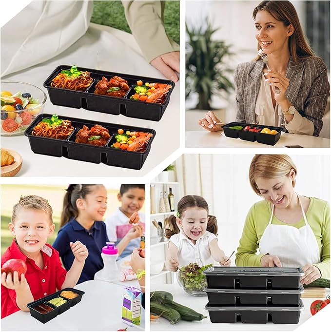 Disposable Food Storage Containers with Lids Meal Prep 3-Compartment To Go Take Out Plastic Black, Sturdy Leakproof Food Safe, Microwave Freezer Dishwasher Safe (25, 3 compartment)