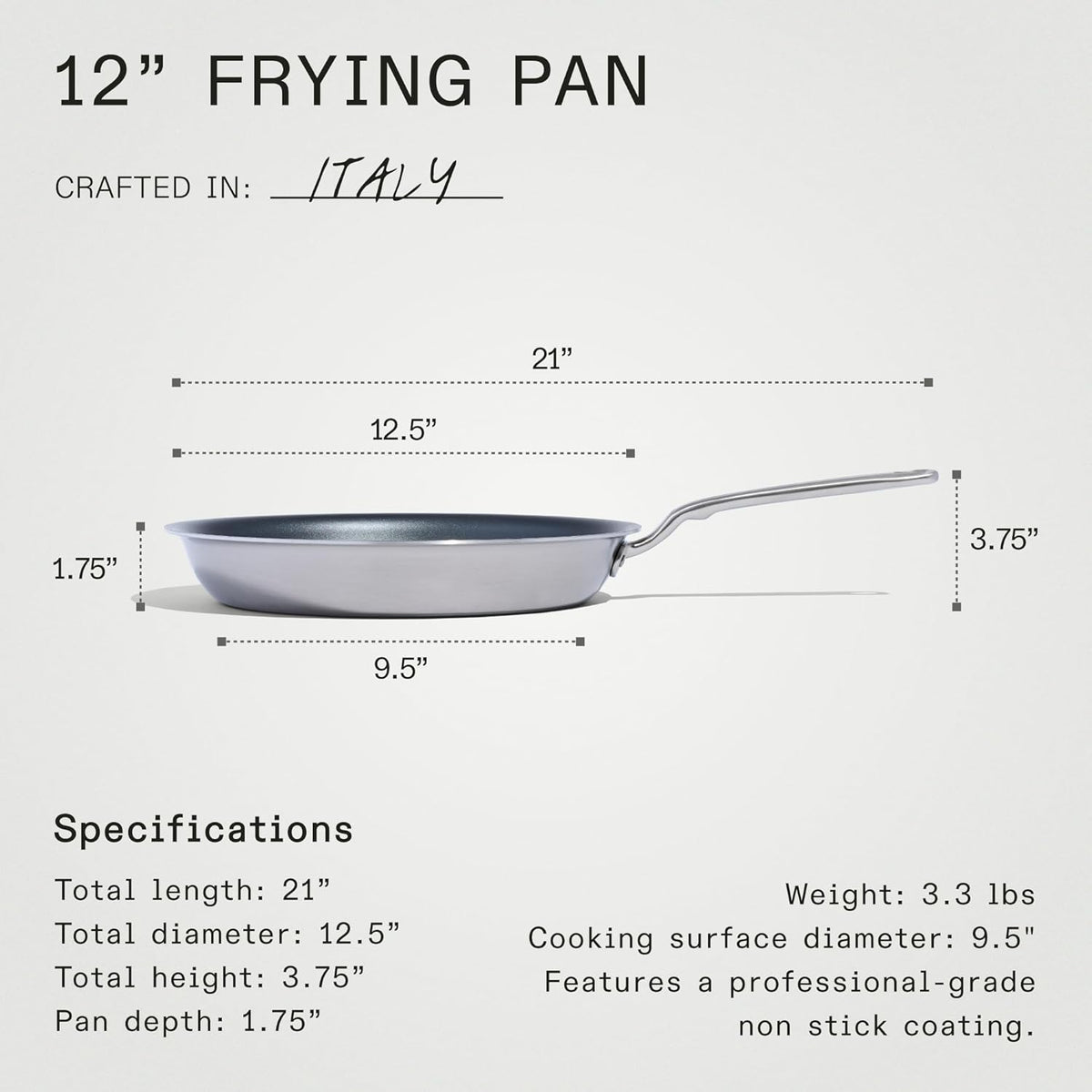 Made In Cookware - ProCoat 12" Non Stick Frying Pan (Graphite) - 5 Ply Stainless Clad Nonstick - Professional Cookware - Crafted in Italy - Induction Compatible