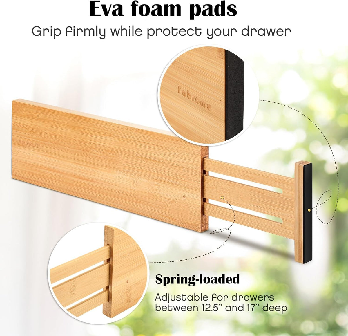 Fabsome Dresser Drawer Organizers 6 Pack, 4.65'' High Adjustable from 12.5-17‘’ Bamboo Drawer Dividers for Clothing Baby Clothes, Wooden Separators for Dresser Nursery Organization with Soft Foam Ends
