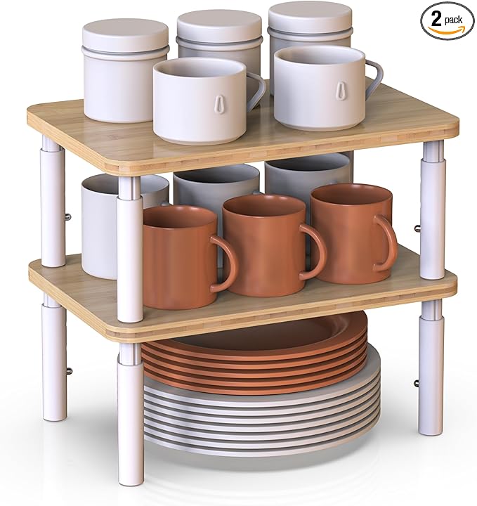 Cabinet Organizer Shelf, Spice Rack Set of 2 Kitchen Pantry Cupboard Shelves, Stackable, Height Adjustable, Natural Bamboo (11.7" Wx77.Dx6.57 H per Pack)