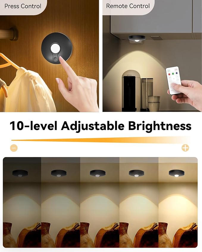 Rechargeable Puck Lights with Remote Control, 1500mAh Battery Operated Dimmer&Timer Under Cabinet Wireless Stick on Lights for Bedroom, Kitchen - Black 12Pcs