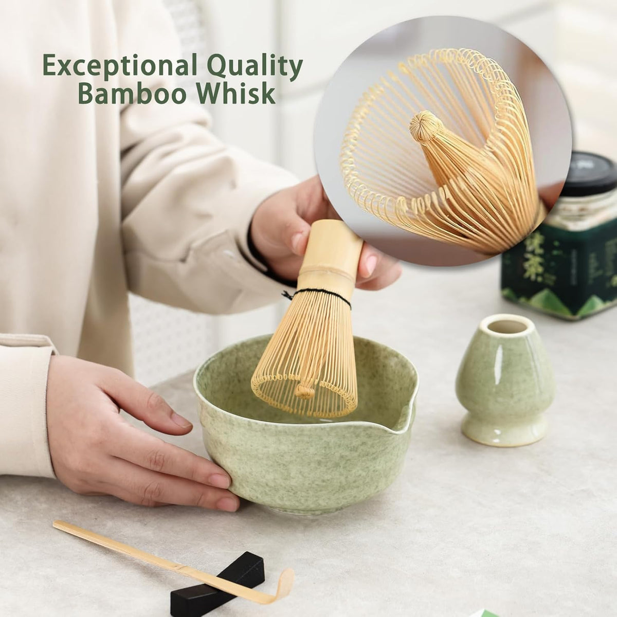 Matcha Set, Japanese Tea Set Includes Matcha Bowl with Spout, Matcha Whisk Holder, Bamboo Matcha Whisk and Bamboo Scoop, 17 oz Mottled Tea Green Glaze Ceramic Matcha Kit for Tea Lovers