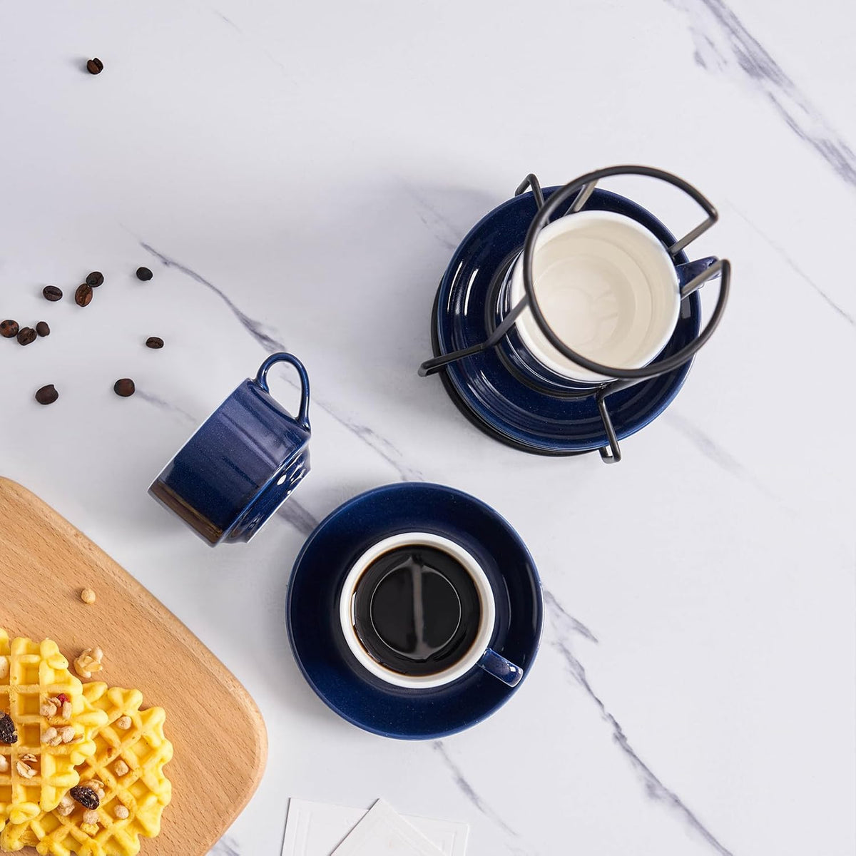 YOLIFE 2.5oz Porcelain Stackable Espresso Cups with Saucers and Metal Stand Set of 4, Stackable Cappuccino Cups, Blue Expresso Shots Cup Set for Coffee Drinks, Latte, Tea