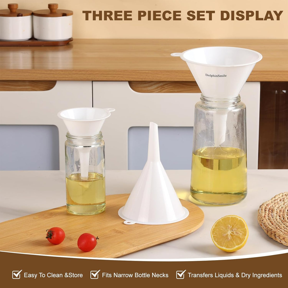 Plastic Kitchen Funnel Set of 3, Round Kitchen Funnels for Filling Bottles, Durable and Multifunctional Funnels for Filling Canning, Cooking, Lab or Car Oil (White)