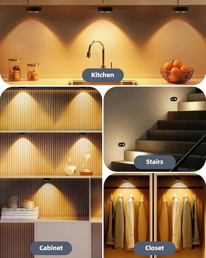 Yiliaw LED Motion Sensor Puck Lights Indoor, Small Rechargeable Under Cabinet Lighting, Dimmable Warm White Closet Lights, Stick on Wireless Night Light for Drawer, Shelf, Kitchen, Black (9 Pack)