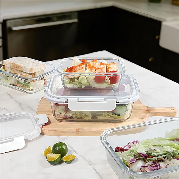 BAYZZ 10 Pack Glass Meal Prep Containers, Glass Food Storage Containers with Lids, Airtight Lunch Box, Freezer,Oven,Microwave and Dishwasher Safe,White