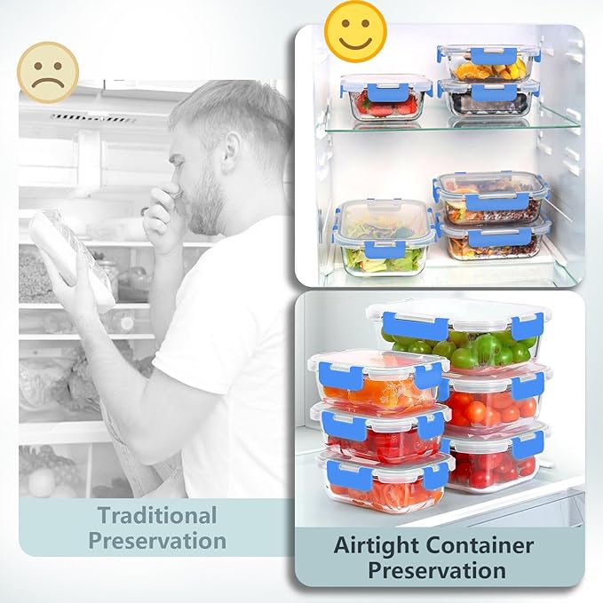 12 Pack Glass Food Storage Container Set with Lids Airtight, Stackable Meal Prep & Leftover Containers, Lunch Box for Microwave, Oven, Freezer and Dishwasher (Blue)