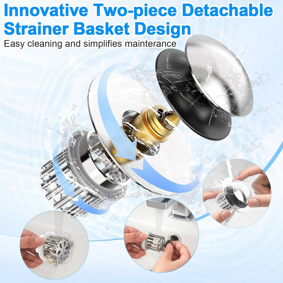 Universal 4 in 1 Bathroom Sink Drain Strainer with Removable Filter Basket, Pop Up Pure Copper Bathroom Sink Stopper, Anti-Clogging Bathroom Drain Stopper Sink Plug