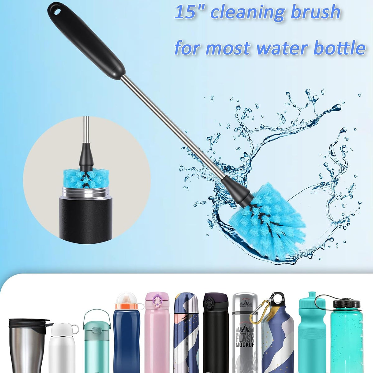 Stainless Steel Long Handle Water Bottle Brush, Flexible Scrubbing Brush for Cleaning Water Bottles, Baby Water Bottles, Glassware, Food Jars, Sports Jugs, Sobriety Jugs, 2 Pack, 15 in.