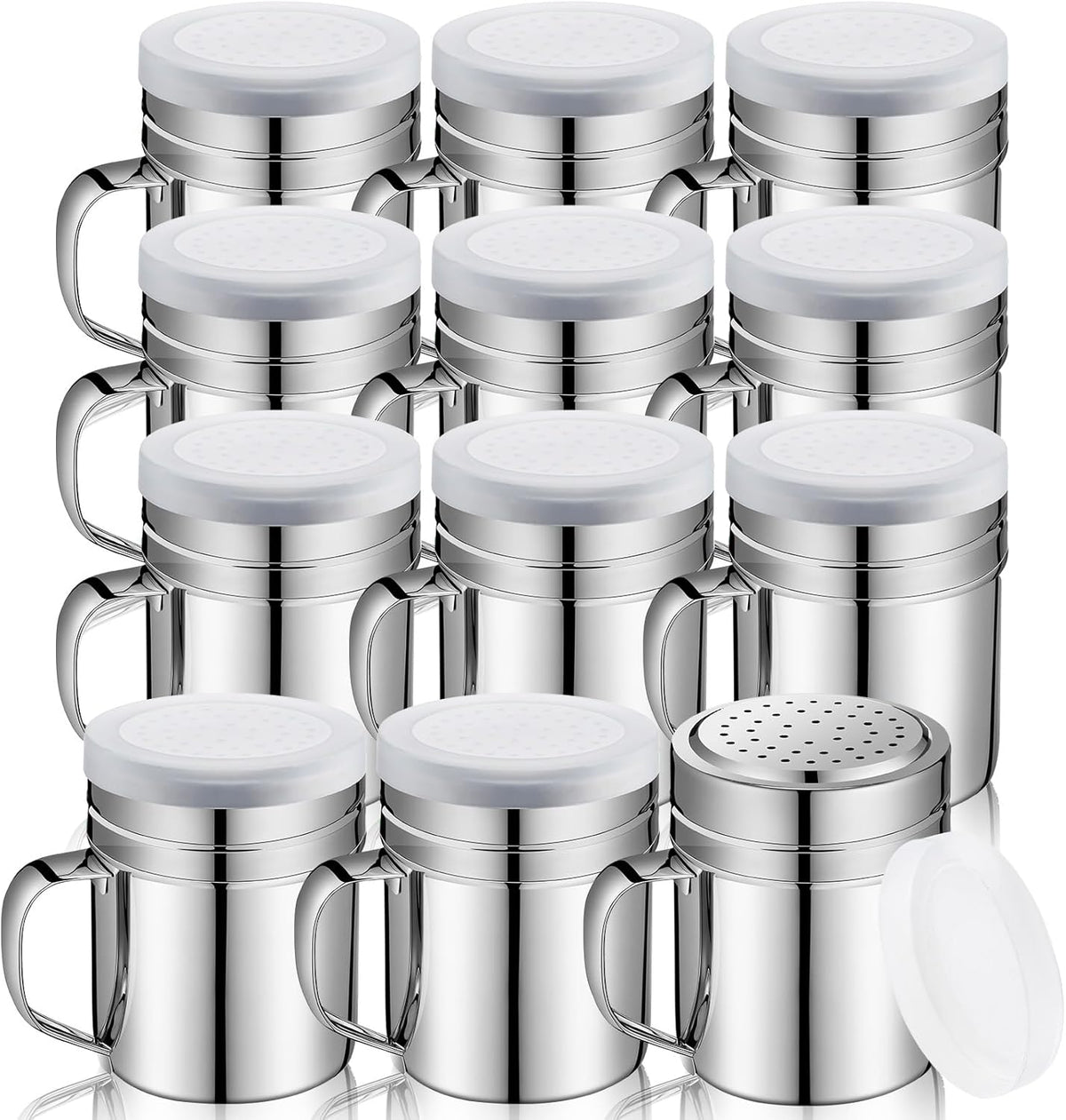Lallisa 12 Pcs 10 oz Stainless Steel Spice Shakers with Holes and Lids Dredge Shakers with Handle Versatile Salt Shaker for Sugar Pepper Seasoning Flour Popcorn Cinnamon Powder Container Accessories
