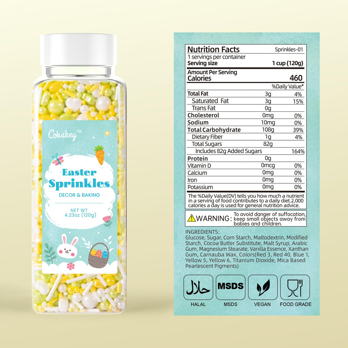 Cobakey Easter Sprinkles for Cookies 4.23 Ounce Spring Sprinkles for Baking Yellow & Green Edible Heart Perfect for Easter Cake Decorations, Baking, Ice Cream, Cookies, Cupcake Topper