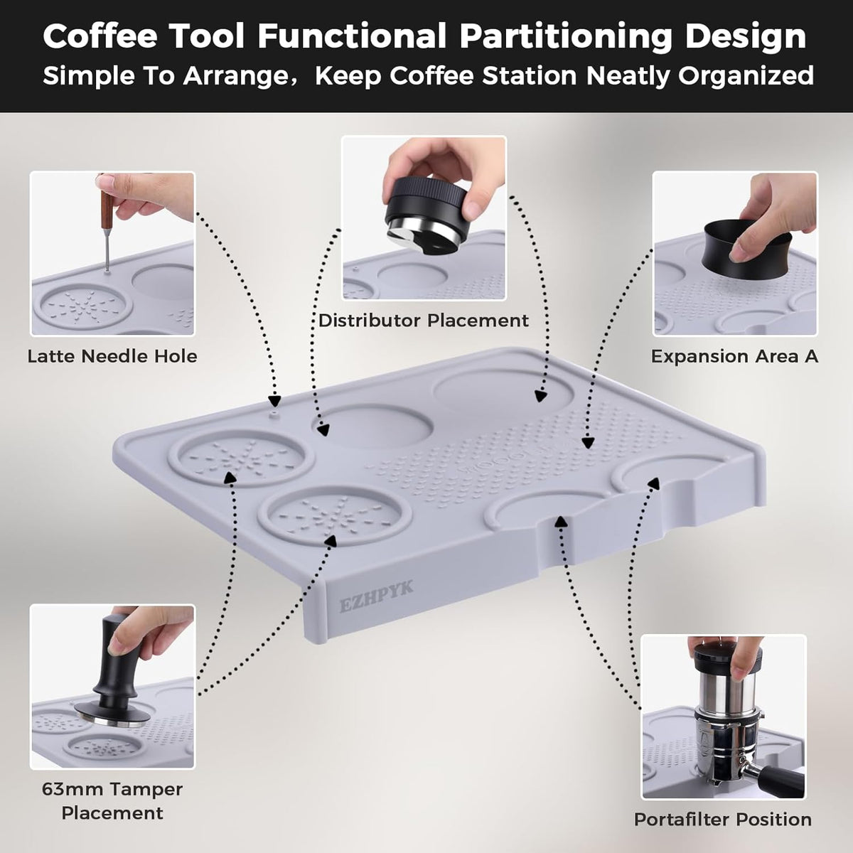 Food Grade Silicone Espresso Tamping Mat for Counter – Waterproof Non-Slip Coffee Tamper Mat for Barista Espresso Machine Accessories – Multi-Slot Tamp Station Espresso Mat for Countertop Gray