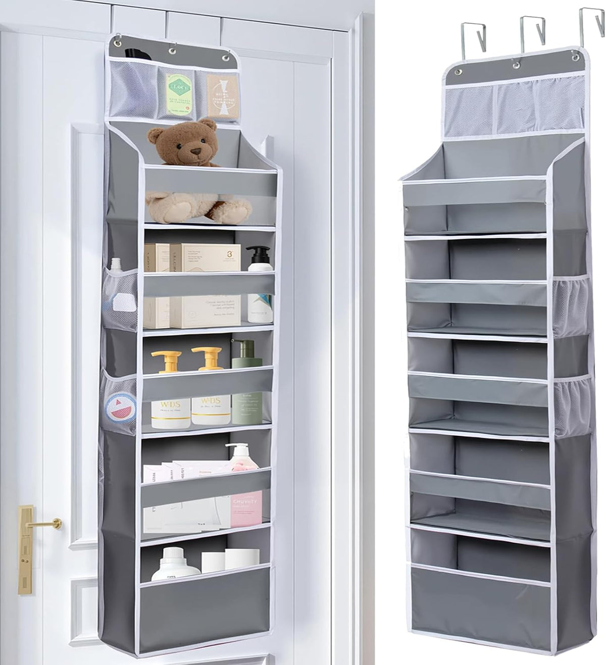 Over The Door Organizer - 6 Capacity Large Pockets & 7 Mesh Compartments, Anti-Tilt Design Holds 44 lbs, for Bathroom, Nursery, Dorm, Pantry & Laundry Storage (Light Grey)