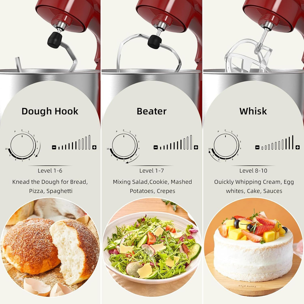 Electric Stand Mixer,10 Speeds 660W Tilt-Head Food Mixer, 3-IN-1 Kitchen Mixer for Daily Cooks with 6.5 QT Bowl,Dough Hook, Beater, Whisk (Empire Red)