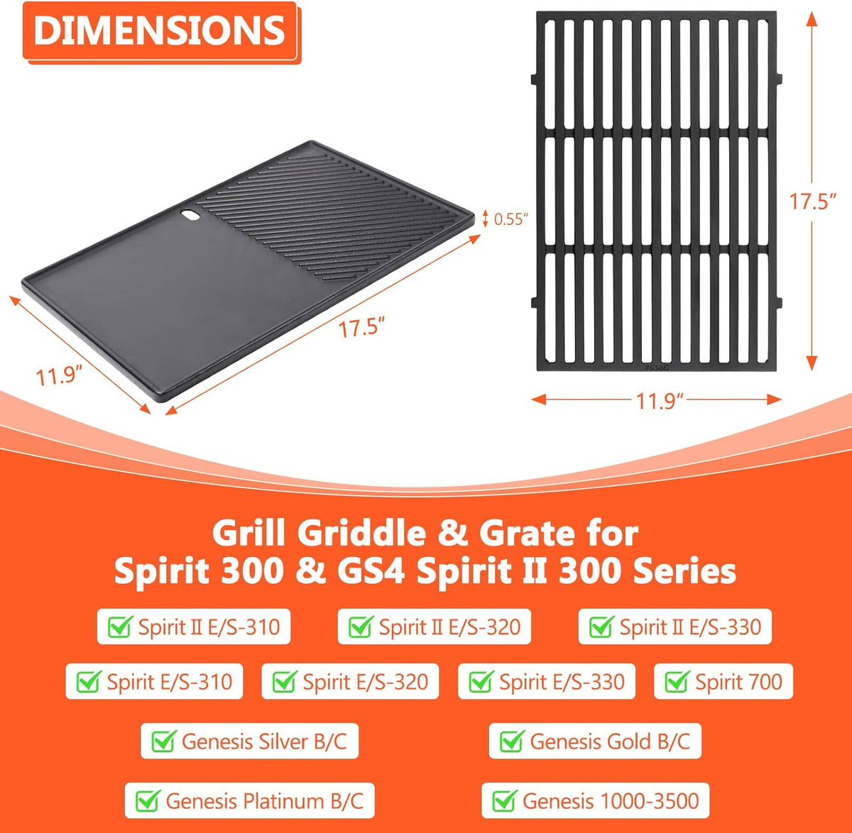 Grill Griddle and Grates for Weber Spirit 300, E-310, GS4 Spirit II 300 Series Grills, Genesis Silver/Gold B & C, Genesis 1000-3500, Reversible Cast Iron 7598 Griddle Plate, 7638 Grill Grate