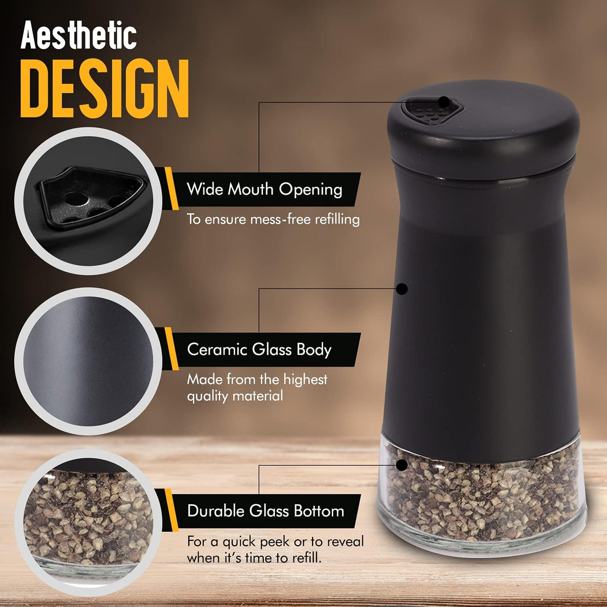 The Original Salt and Pepper Shakers set - Black -Spice Dispenser with Adjustable Pour Holes - Stainless Steel & Glass - Set of 2 Bottles