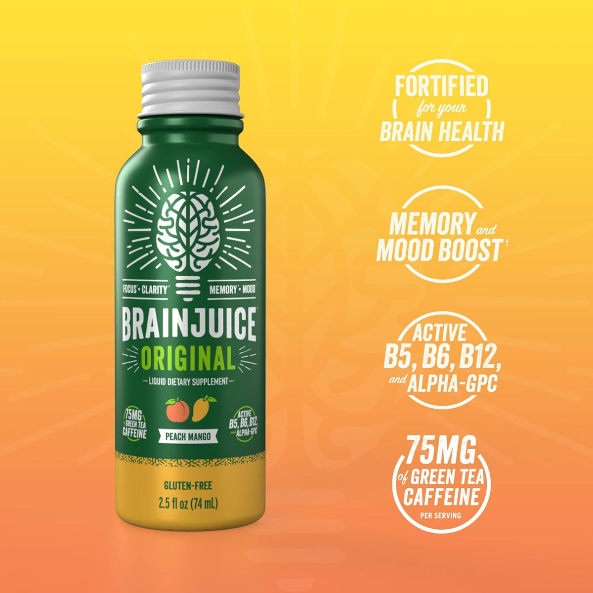 BrainJuice Focus & Energy Drink Shots, Nootropics with Alpha GPC, B Vitamins & Organic Green Tea Caffeine, Supports Focus, Memory & Clarity, Non-GMO, Gluten Free, Peach Mango, 2.5 fl oz, 12 Pack