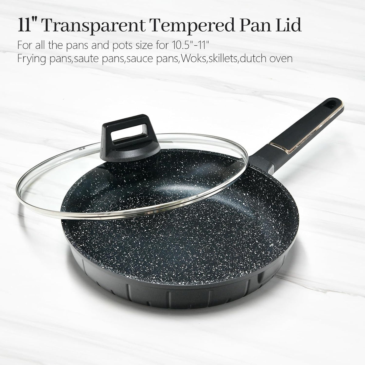 11 In Glass Lid for Frying Pan, Tempered Replacement Cover Compatible with All 11 Inches Cookware for Skillets, Round Cast Iron, Cast Aluminium, Stainless Steel Pans &Pots
