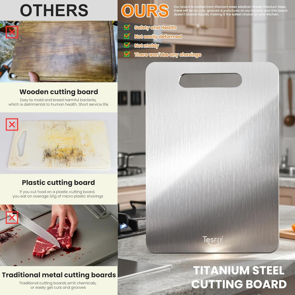 2 Pack Titanium Cutting Board - 100% Pure Titanium Cutting Boards For Kitche,Easy to clean, Double-sided food-grade Cutting Board For Cutting Meats, Fruits And Vegetables.(15 * 11)