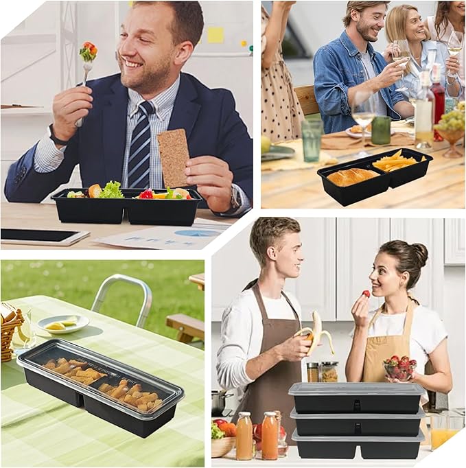 Disposable Food Storage Containers with Lids Meal Prep 2-Compartment To Go Take Out Plastic Black, Sturdy Leakproof Food Safe, Microwave Freezer Dishwasher Safe (10, 2 compartment)