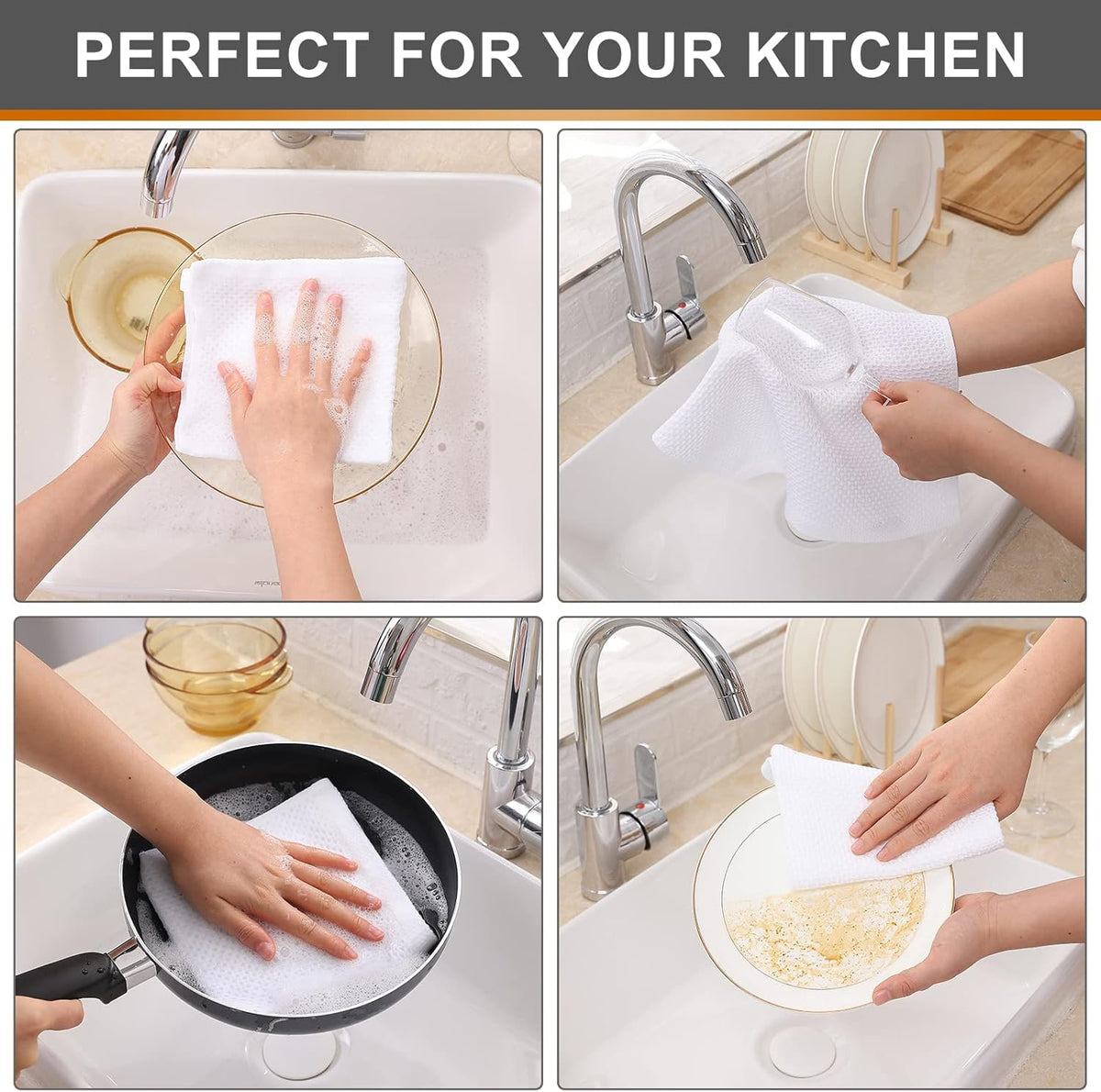 Kitinjoy 100% Cotton Kitchen Dish Cloths, 8 Pack Waffle Weave Ultra Soft Absorbent Dish Towels for Drying Dishes Quick Drying Kitchen Towels Dish Rags, 12 X 12Inch, White