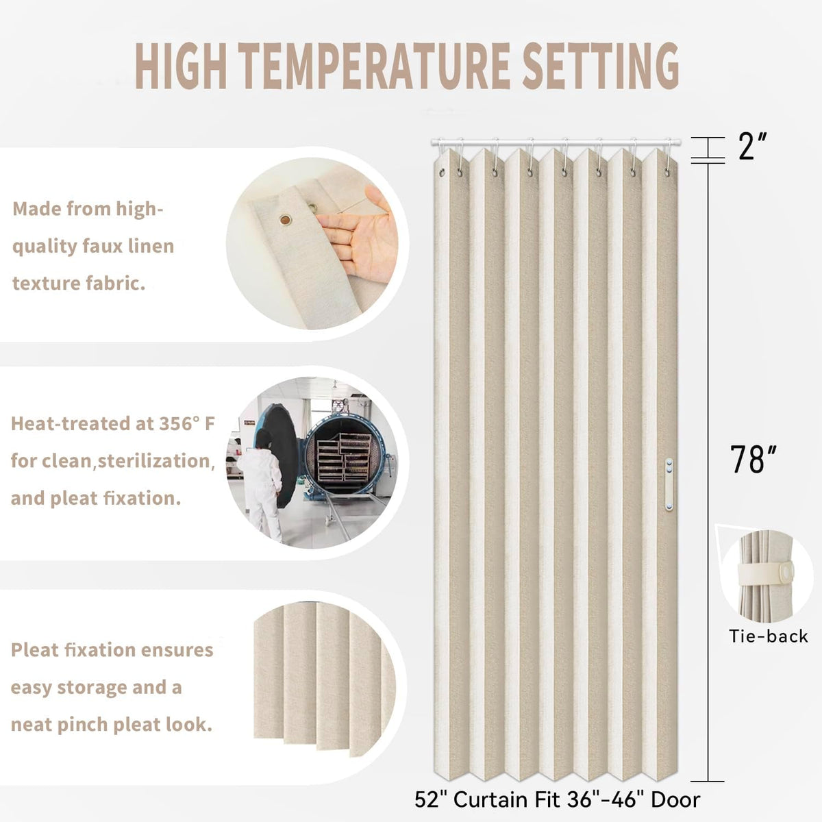 Vatge Accordion Style Door Curtains for Doorways - Laundry Room Curtains for Doorway, Folding Accordion Doors for Closets with No Door, 1 Panel with Tieback, W52 x L78, Beige
