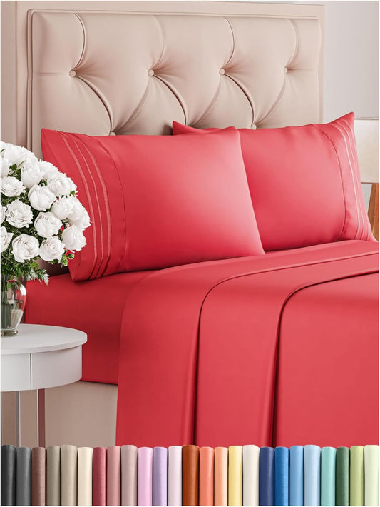 Full Size 4 Piece Sheet Set - Comfy Breathable & Cooling Bed Sheets Set - Hotel Luxury Bedding for Women, Men, Kids, Teens, Boys and Girls - Deep Pockets, Ultra-Soft & Wrinkle Free - Oeko-Tex - Red