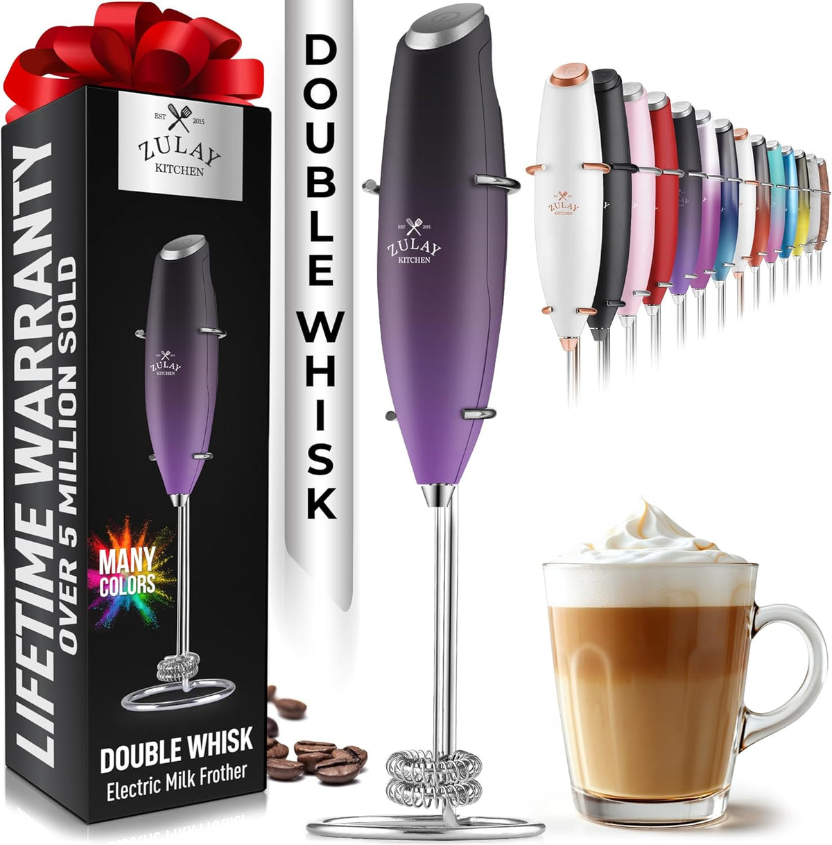 Zulay Kitchen Powerful Double Whisk Milk Frother Handheld - Foam Maker With Stand - Whisk Drink Mixer for Coffee, Mini Foamer for Latte, Matcha, Frappe, Hot Chocolate & Cappuccino (Galaxy)