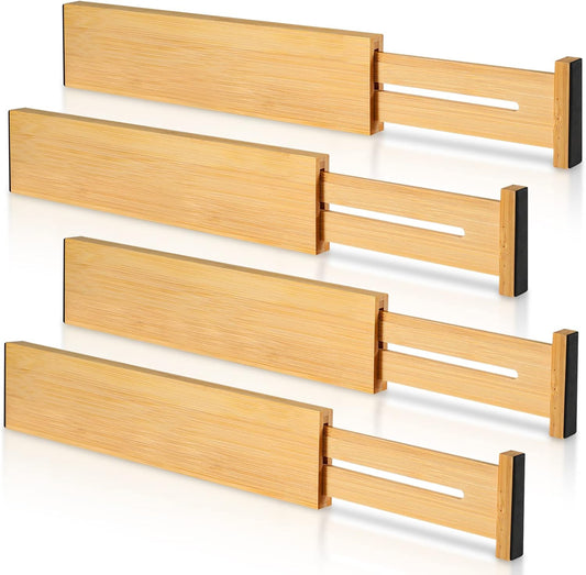 4 Pack Bamboo Drawer Dividers, Adjustable Length from 12 Inch to 17 Inch, Expandable Kitchen Drawer Organizer, Drawer Organization Separators for Clothes, Kitchen, Bedroom, Dresser, Office (Beige)