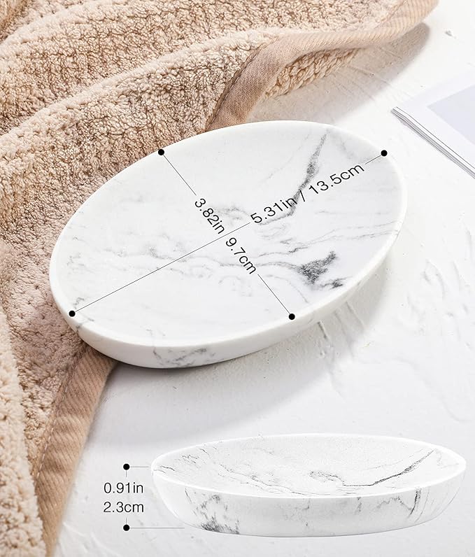Luxspire Soap Dish, Resin Soap Tray Soap Holder Container Box, Marble Pattern Oval Soap Plate Case, Sponge Dish Scrubbers Tray Holder for Bathroom Vanity Shower Kitchen Sink Counter Top, Gravel White