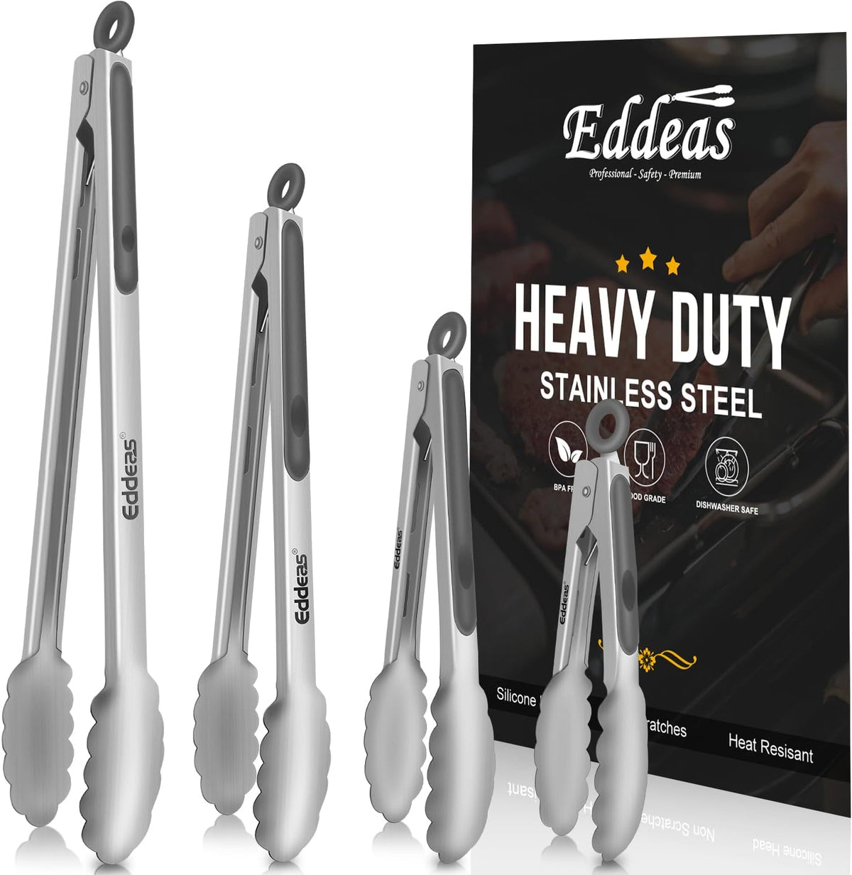 Tongs For Cooking - Heat Resistant 600 Degrees Metal Kitchen Tongs, Heavy Duty Stainless Steel Tongs - Perfect for Food, BBQ Set of 4, 7-9-12 &14 inch Grey