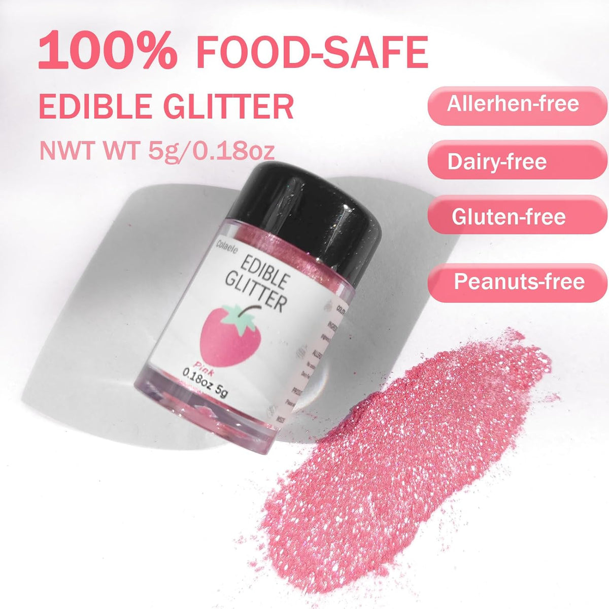 Pink Edible Glimmer Powder Glitter - Colaele 5 grams Food-Grade Luster Dust Metallic Fancy Food Decorating Sprinkle Glimmery Brew Dust for Cake Decorations Drinks Wine Beverage Candy Dessert, Vegan