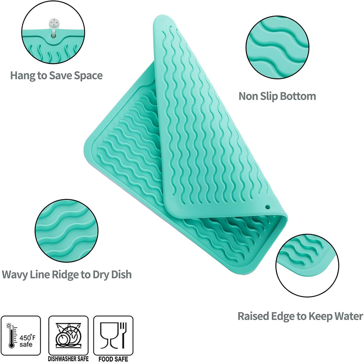 Silicone Dish Drying Mat for Multiple Usage,Easy clean,Eco-friendly,Heat-resistant Silicone Mat for Kitchen Counter or Sink,Refrigerator or Drawer liner Mint M 12 inches x 12 inches