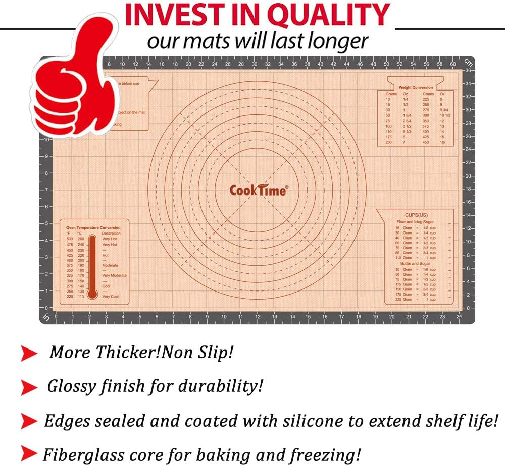 Silicone Pastry Baking Mat Non Stick-Large Rolling Dough with Measurements-Non Slip Pizza,Fondant,Pie,Cake Baking Mat - 26 x 16 Inch By Cook Time