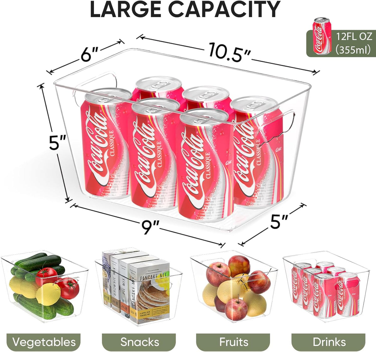 BALEINE Clear Plastic Storage Bins, Pantry Organization, BPA Free Stackable Refrigerator Organizers and Storage with Handles for Kitchen Fridge Cabinet Bathroom (8PK, 10.5x6x5)
