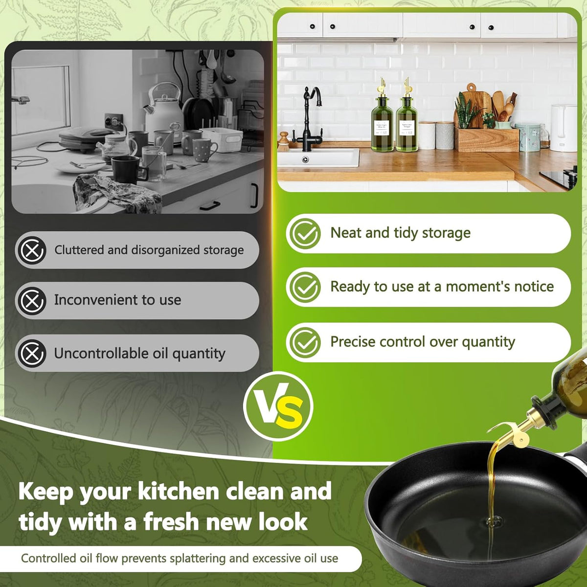COOLMI Oil Dispenser for Kitchen - 12oz/350ml, Set of 2 Extra Thick Food Grade Glass Olive Oil Dispenser Bottle with Cleaning Brush, Stickers and Funnel (Gold)