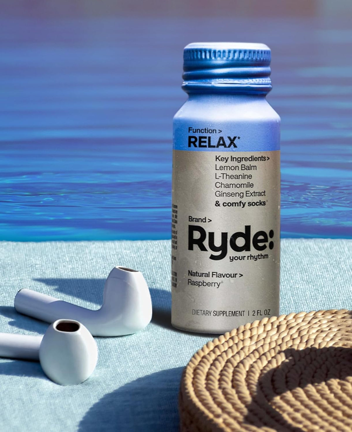Ryde: Relax Shot | Raspberry Flavor | Lemon Balm, L-Theanine, Ginseng & Chamomile |0 Calories, 0 Sugar | 2 FL OZ Shots | Helps You Relax* (24 Pack)
