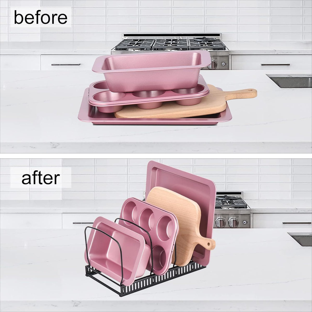 Toplife 10+ Bakeware Organizer Rack for Kitchen Bakeware, Cookware, Dinnerware, Cutting Boards, Plates, Pot and Pan Lids (Black)