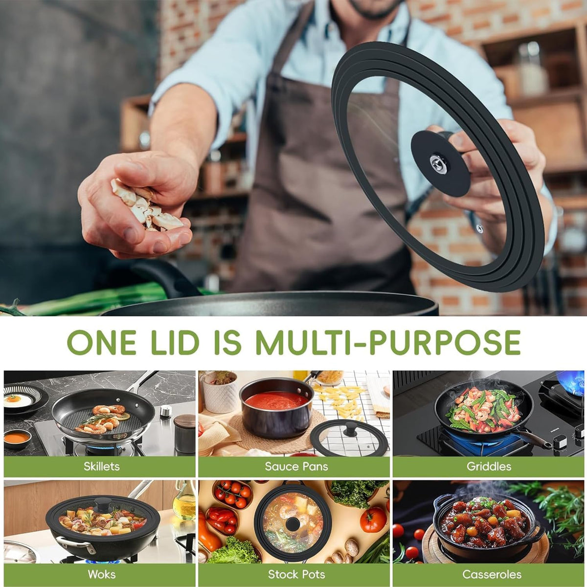 Universal Lid for Pots, Pans and Skillets, Tempered Glass Lid fit 9.5", 10", 11" Skillets, Pots, Frying Pans, Cast Iron, Crock Pot and Other Glass Covers Replacement
