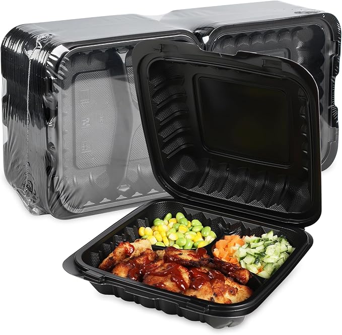 FRESHPAK Food Containers Mineral Filled PP 55 Pack - 8x8 34 oz Shrink Wrap BPA Free Plastic | Stackable Storage Clamshell Takeout Container | Reusable Microwave Safe | 3 Compartment Black Lunch Boxes