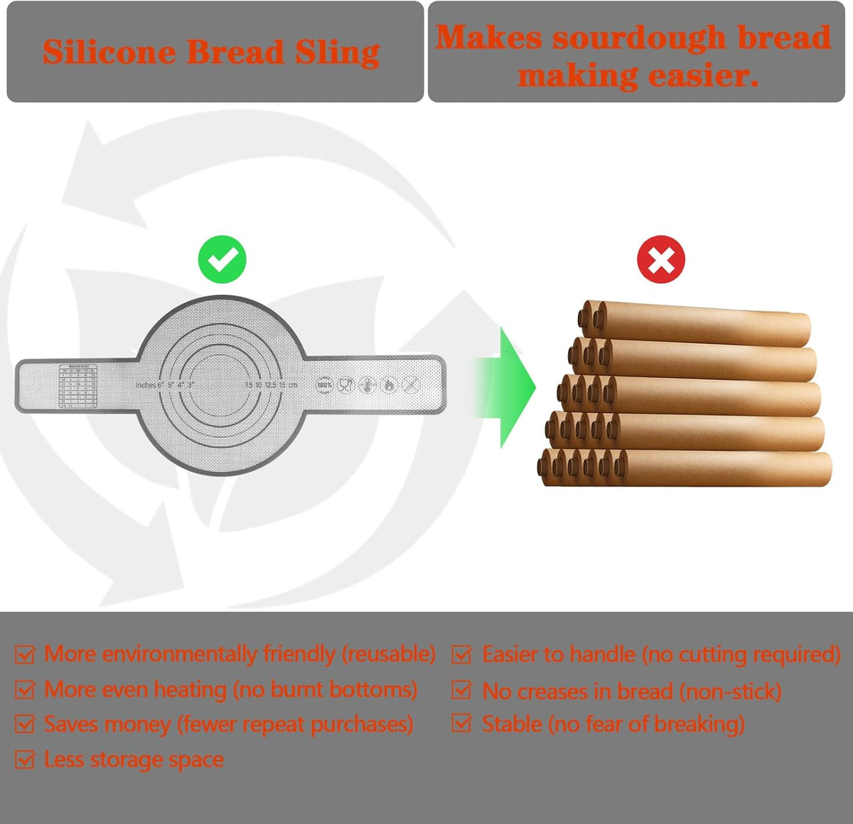 UBeesize Thickened Silicone Bread Sling, Reusable Sourdough Bread Baking Mat For Dutch Oven 2-8 Qrt, Non-Stick, Easy To Clean, With Extra Long Handles Bread Baking Sheet Liner, Grey